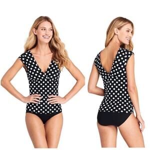 Lands End Cap Sleeve Surplice Tankini Swimsuit Black White Dots Preppy womens 2